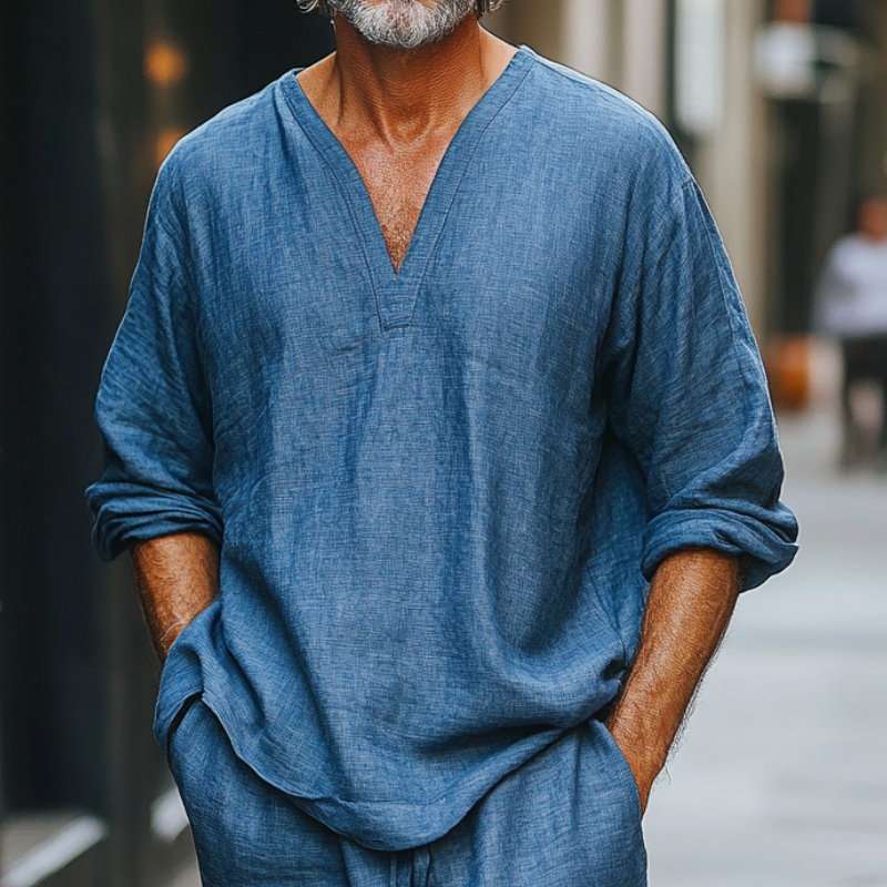 Men's Casual Deep V-neck Blue Linen Long-sleeved T-shirt 9892392337592