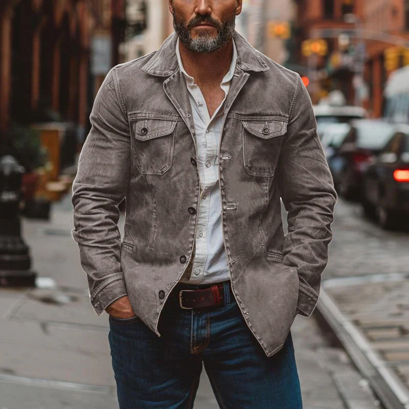 Men's Vintage Heavy Washed Leather Lapel Single Breasted Multi-Pocket Work Jacket 9261077692600