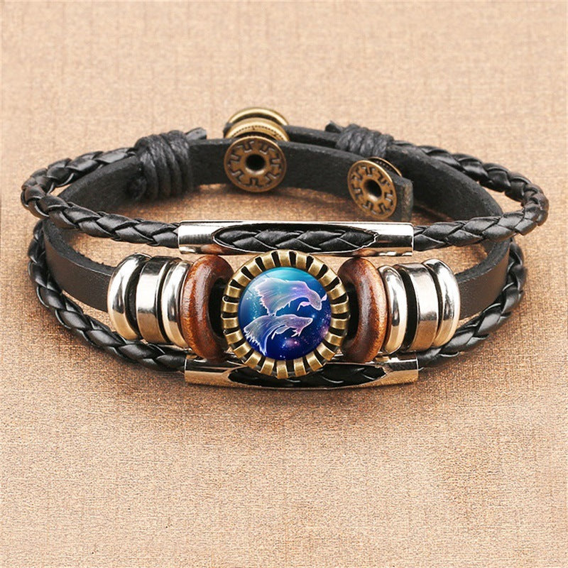 Vintage Twelve Constellations Multilayer PU Leather Bracelet 9888556613816