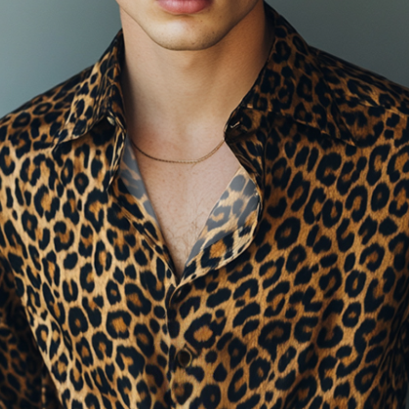 Men's Retro Casual Leopard Print Lapel Long Sleeve Shirt 9905397498040