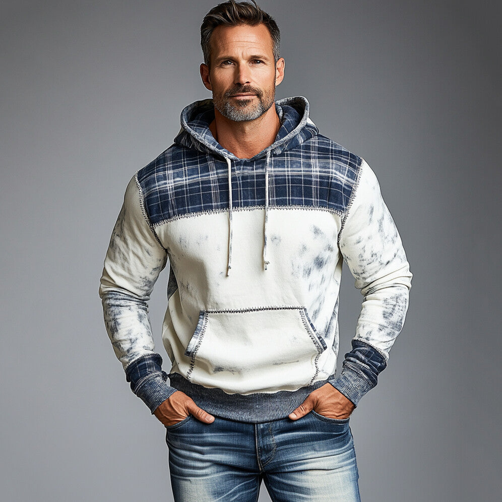 Men's Plaid Patchwork Long Sleeve Drawstring Pocket Distressed Hoodie 9899607982264
