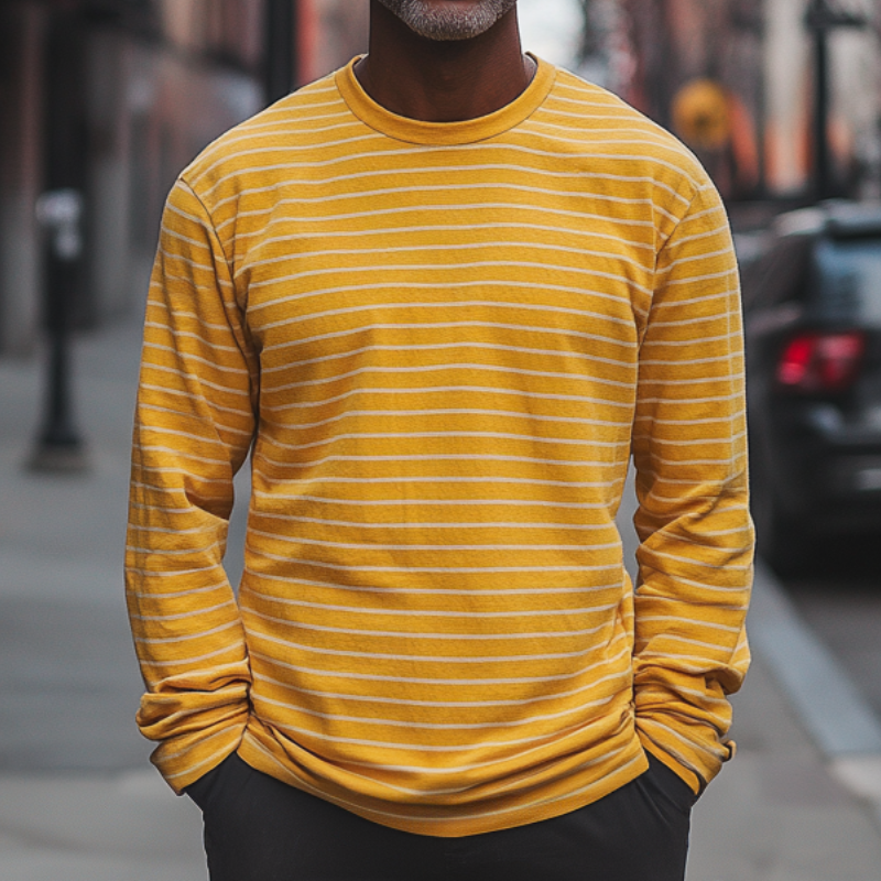 Men's Loose Striped Round Neck Long Sleeve T-Shirt 9891529195704
