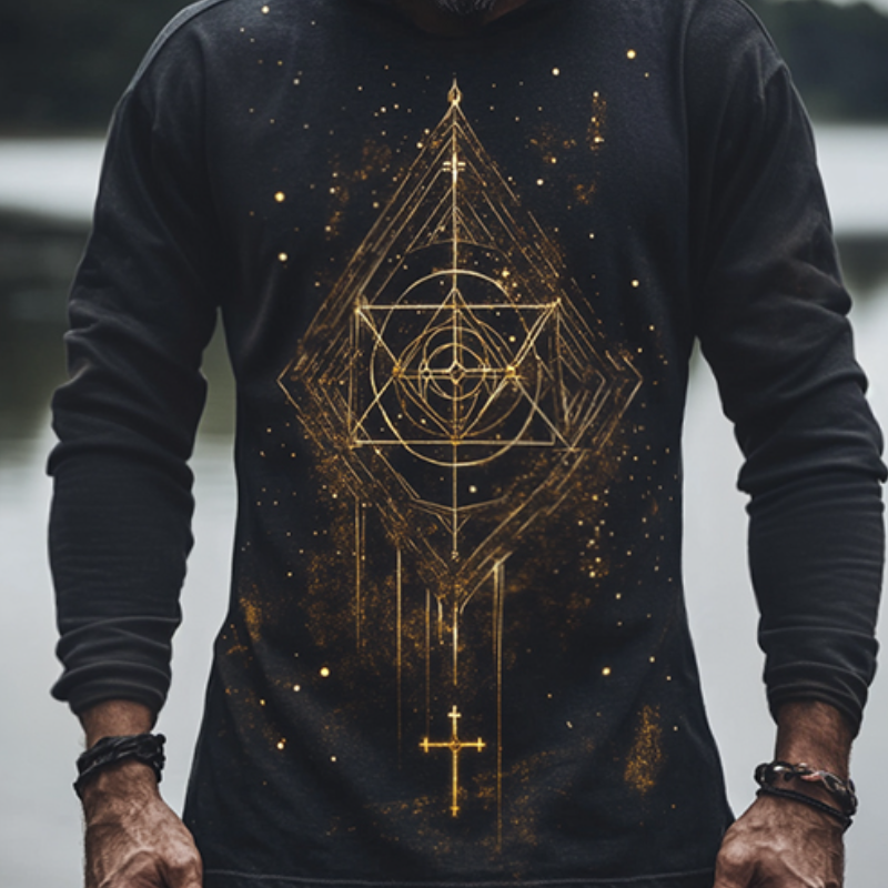 Men's Retro Casual Ethnic Style Geometric Printed Hooded Long Sleeve T-Shirt 9899720081592