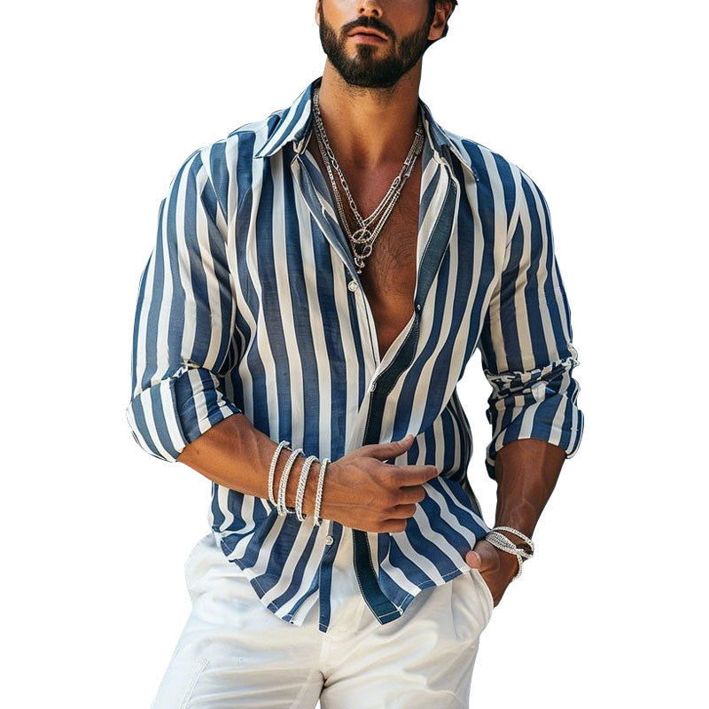 Men's Striped Spread Collar Long Sleeve Button Down Shirt 250700247