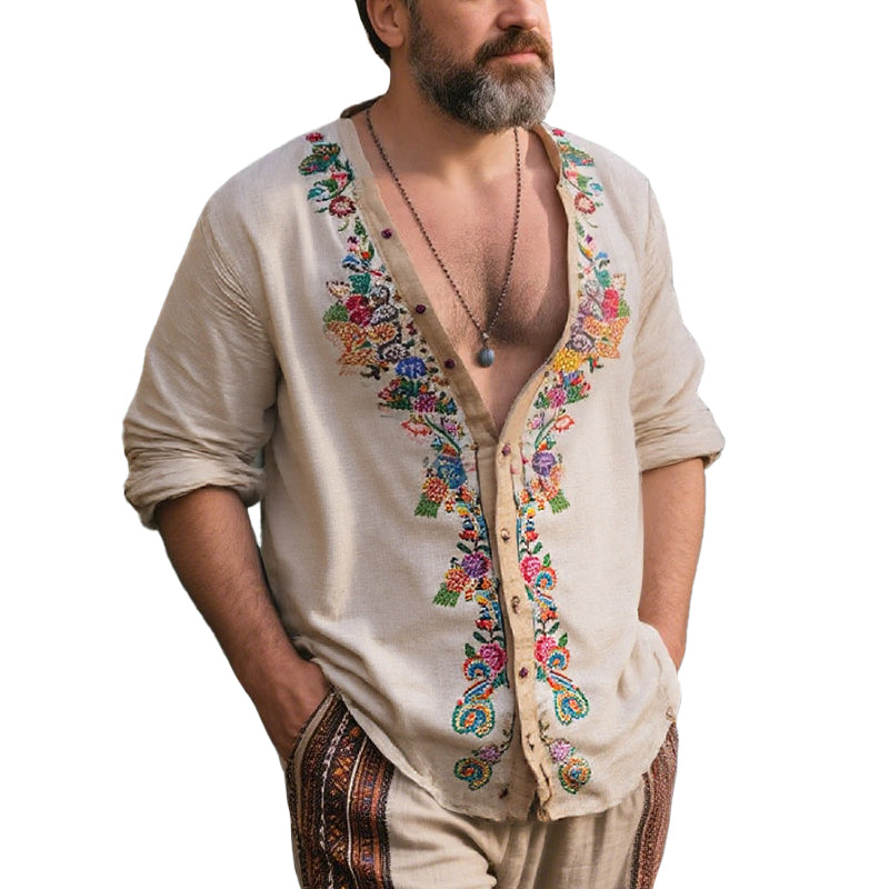 Men's Casual Vintage Embroidered Long Sleeve Shirt 9261777518776