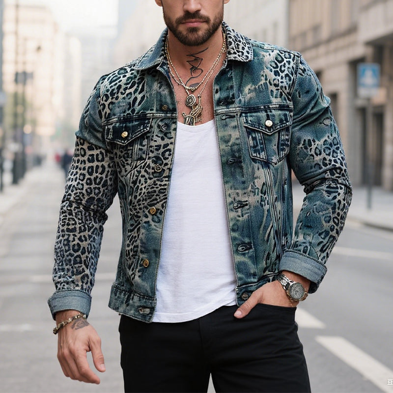 Men's Leopard Ombre Print Denim Trucker Jacket 9261077921976