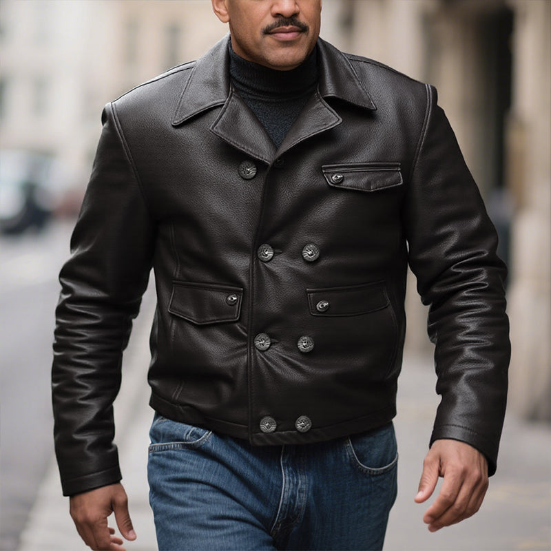 Men's Double Breasted Notched Lapel Leather Jacket 9873140252856