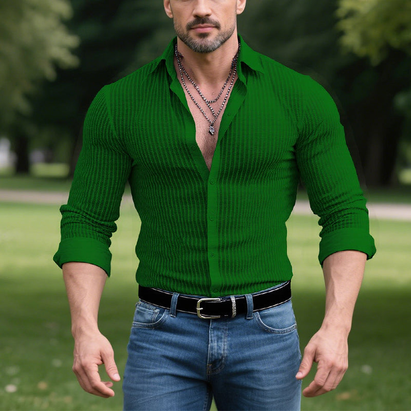 Men's Solid Color Striped Lapel Long Sleeve Shirt 9261775323320
