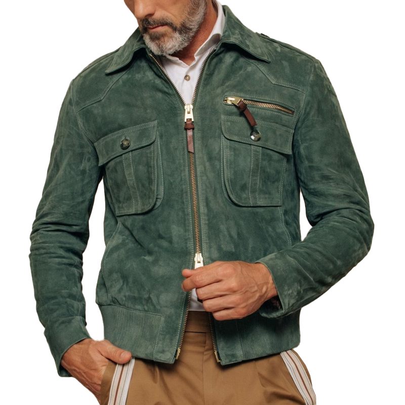 Men's Retro Lapel Zipper Breast Pocket Suede Jacket 9261077528760