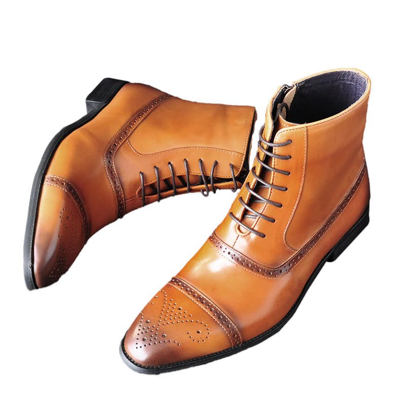 Men's Solid Lace Up Pointed Toe Side Zipper Leather Boots 9888555991224
