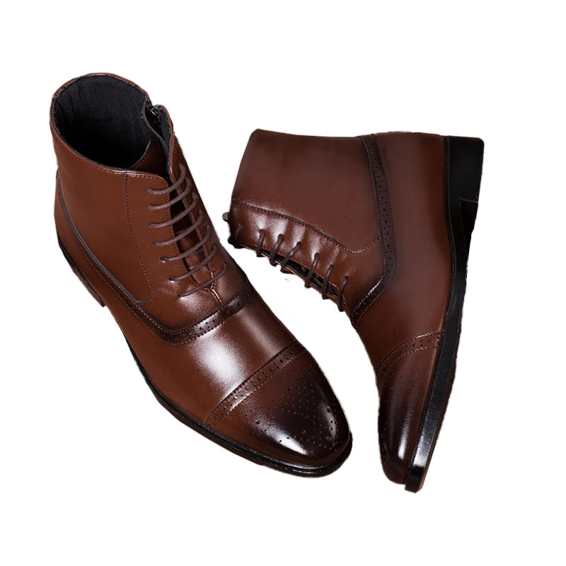 Men's Solid Lace Up Pointed Toe Side Zipper Leather Boots 9888555991224