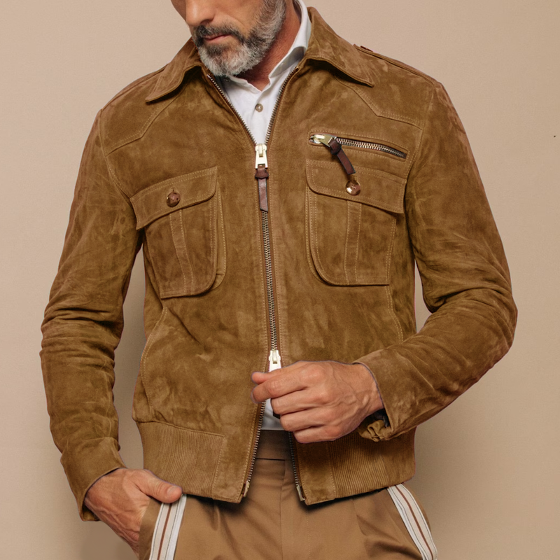 Men's Retro Lapel Zipper Breast Pocket Suede Jacket 9261077528760