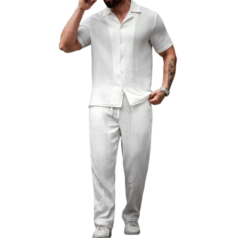 Men's Fashion Solid Textured Lapel Short Sleeve Shirt Trousers Casual Set 9922015723704