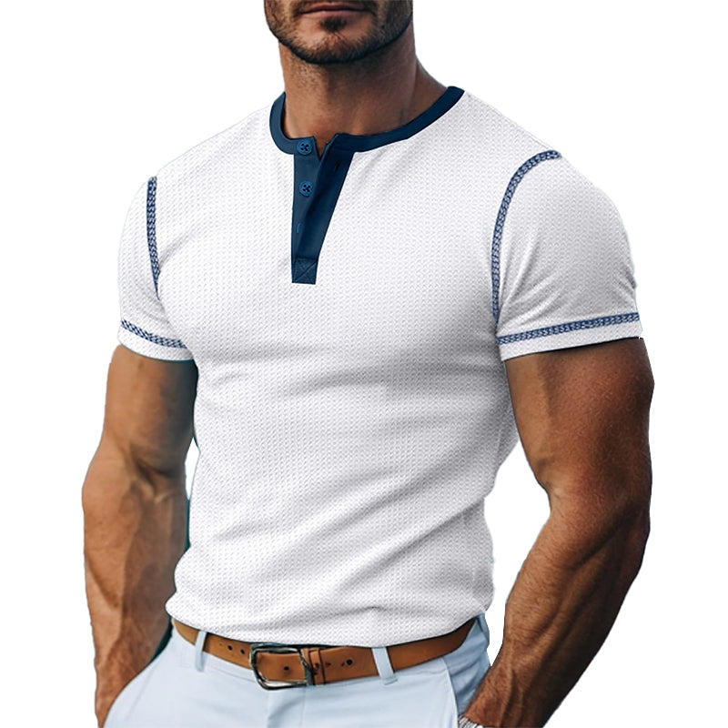 Men's Contrast Color Short Sleeve Henley Neck T-Shirt 9894192677048