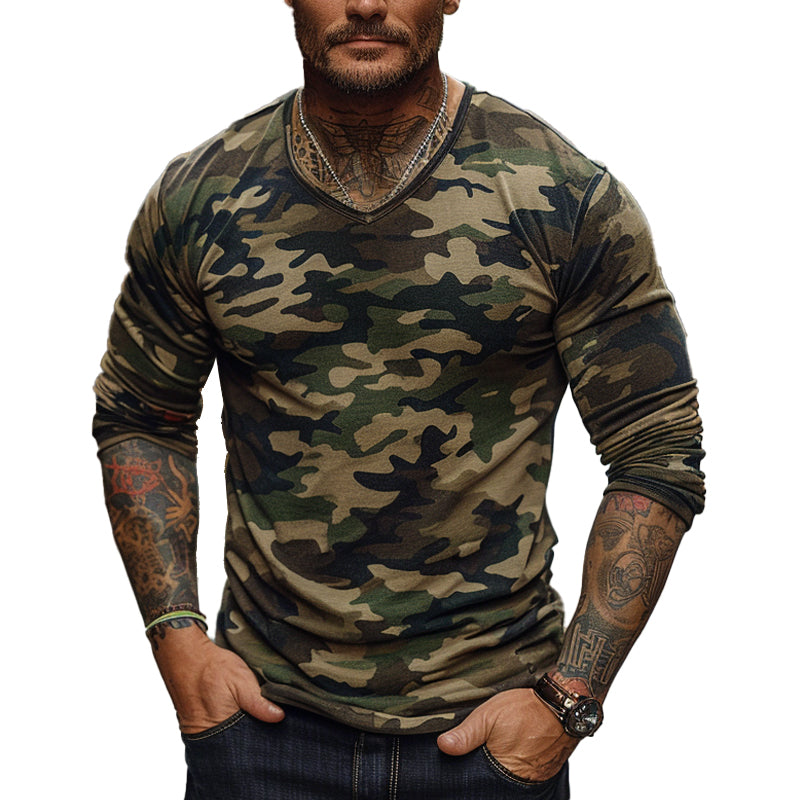 Men's Outdoor Camouflage Print V-neck Long-sleeved T-shirt 9894193070264