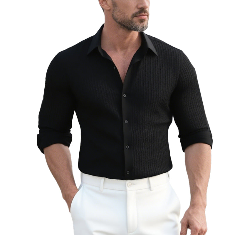 Men's Solid Striped Lapel Long Sleeve Casual Shirt 9261798883512