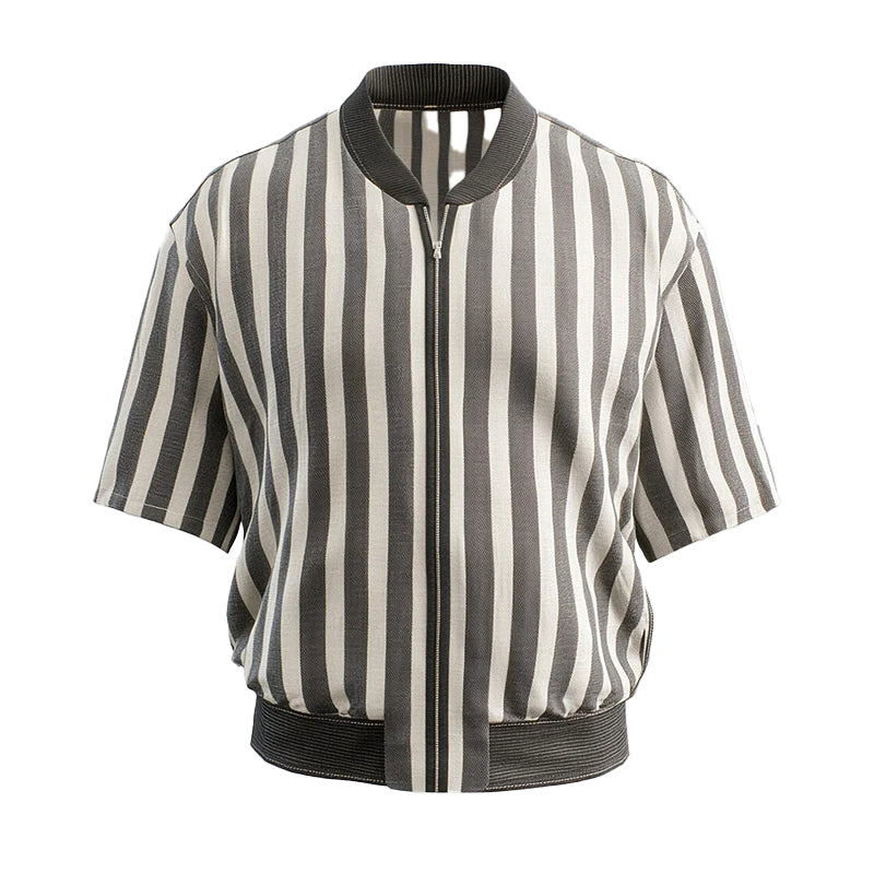 Men's Striped Stand Collar Zipper Half Sleeve Jacket 9914188726456