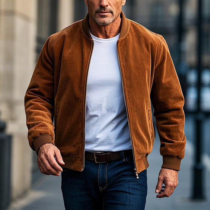 Men's Solid Suede Baseball Collar Zip-Up Jacket 9906102075576