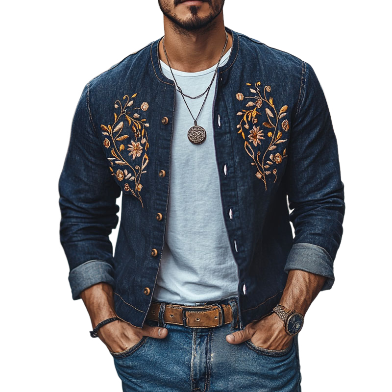Men's Vintage Crew Neck Embroidered Single Breasted Slim Fit Denim Jacket 9892386275512