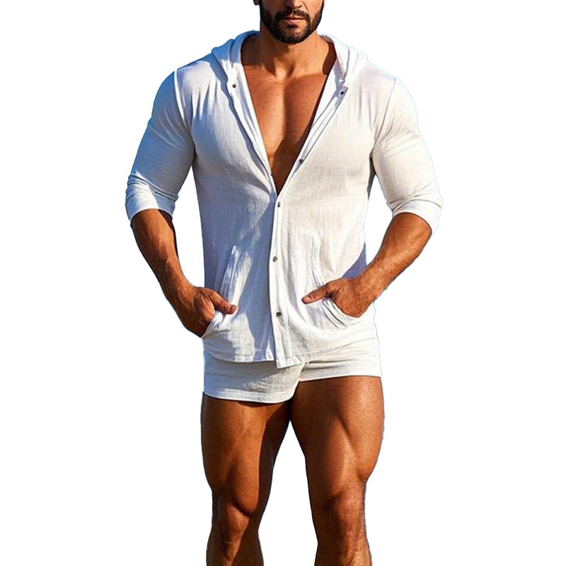 Men's Casual Cotton and Linen Single Breasted Hoodie 9902009123000