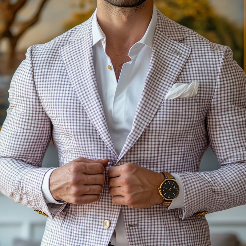Men's Fashion Spring Summer Checked Notch Lapel Two Buttons Blazer 9909012103352