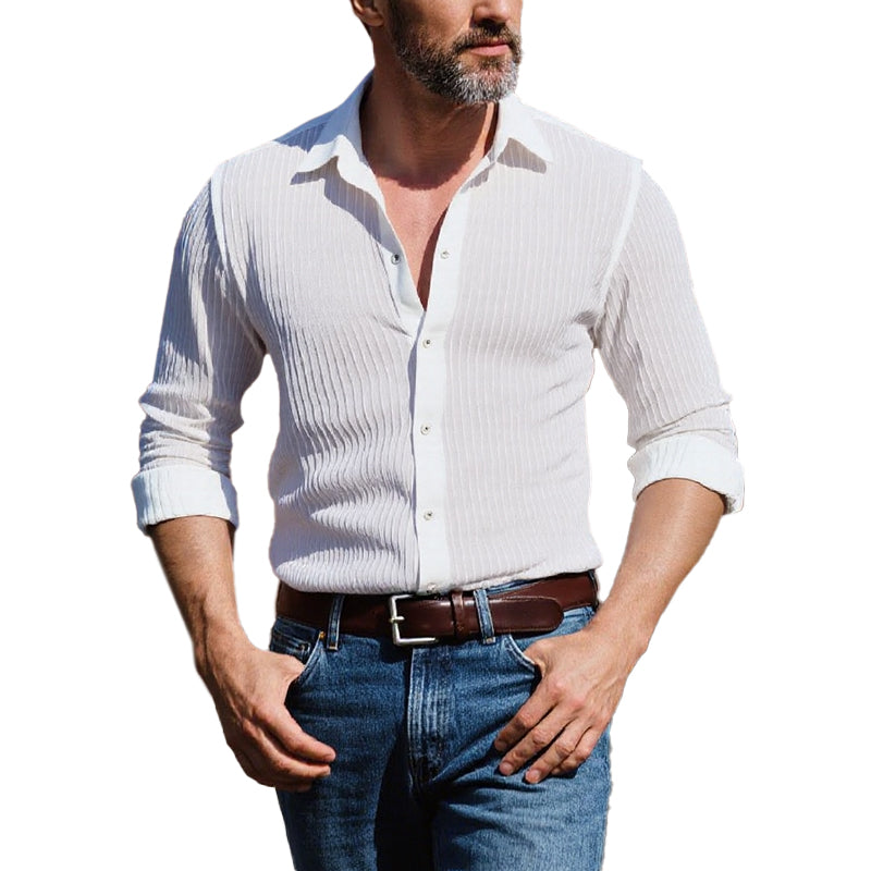Men's Solid Striped Lapel Long Sleeve Casual Shirt 9261798883512