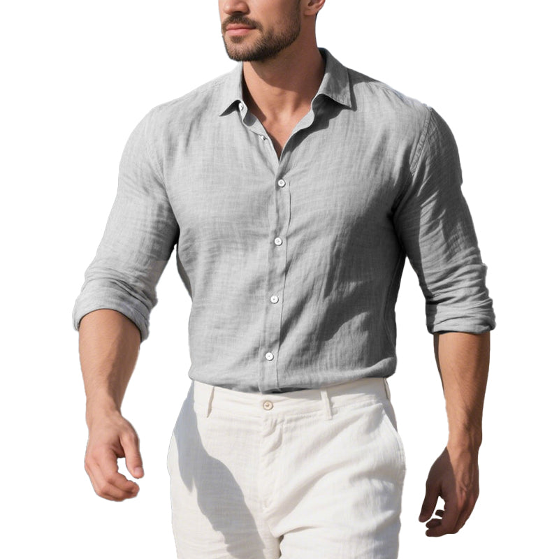 Men's Cotton and Linen Casual Solid Color Lapel Shirt 9261774962872