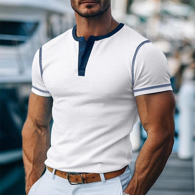 Men's Contrast Color Short Sleeve Henley Neck T-Shirt 9894192677048