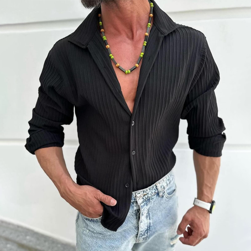 Men's Solid Striped Lapel Long Sleeve Casual Shirt 9261798883512