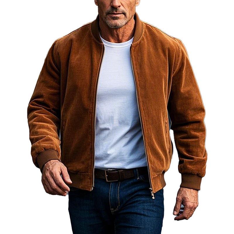 Men's Solid Suede Baseball Collar Zip-Up Jacket 9906102075576