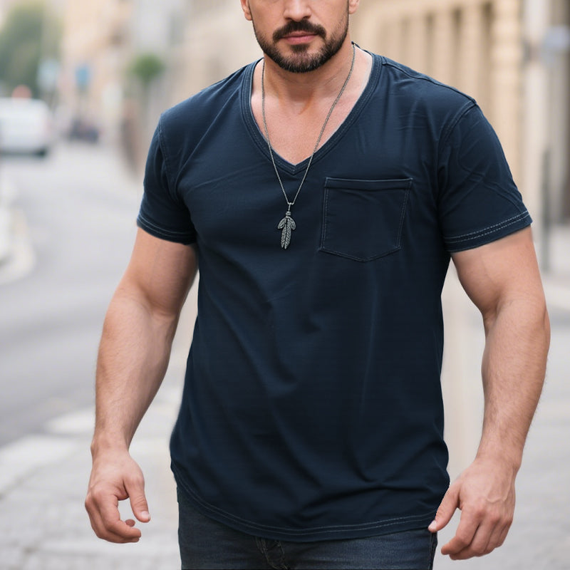 Men's V Neck Breast Pocket Short Sleeve Cargo T-shirt 9261120716984