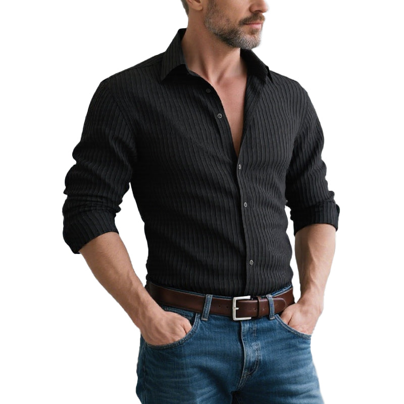 Men's Solid Striped Lapel Long Sleeve Casual Shirt 9261798883512