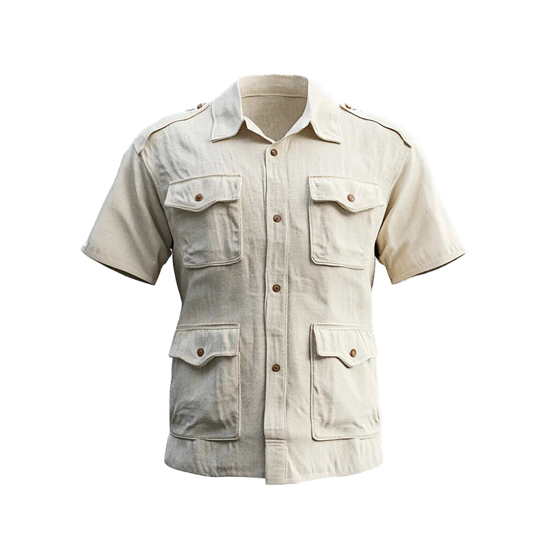 Men's Turndown Collar Short Sleeve Flap Pocket Safari Shirt 9913235472568