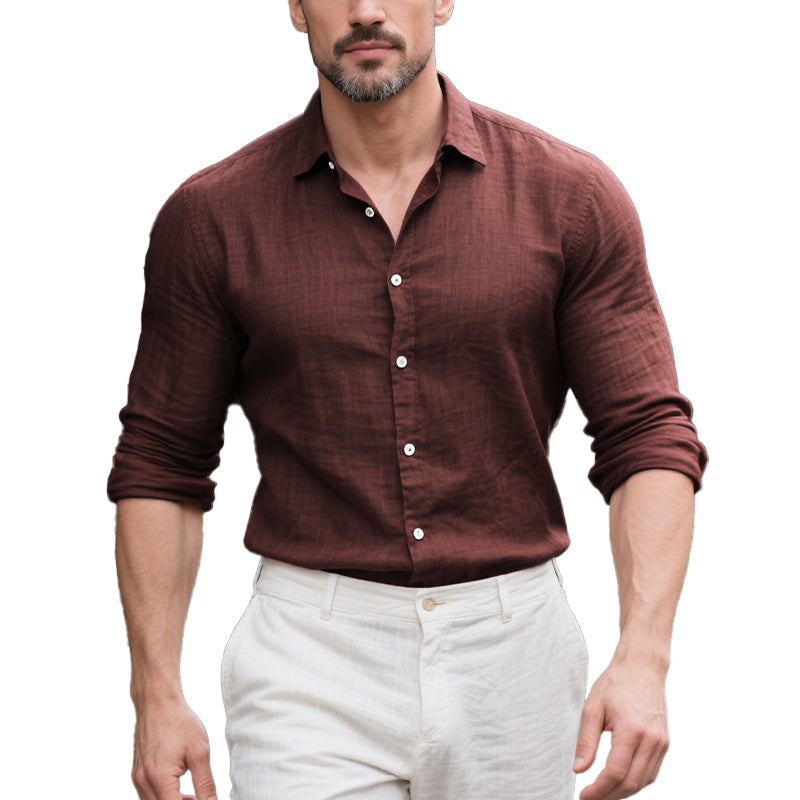 Men's Cotton and Linen Casual Solid Color Lapel Shirt 9261774962872