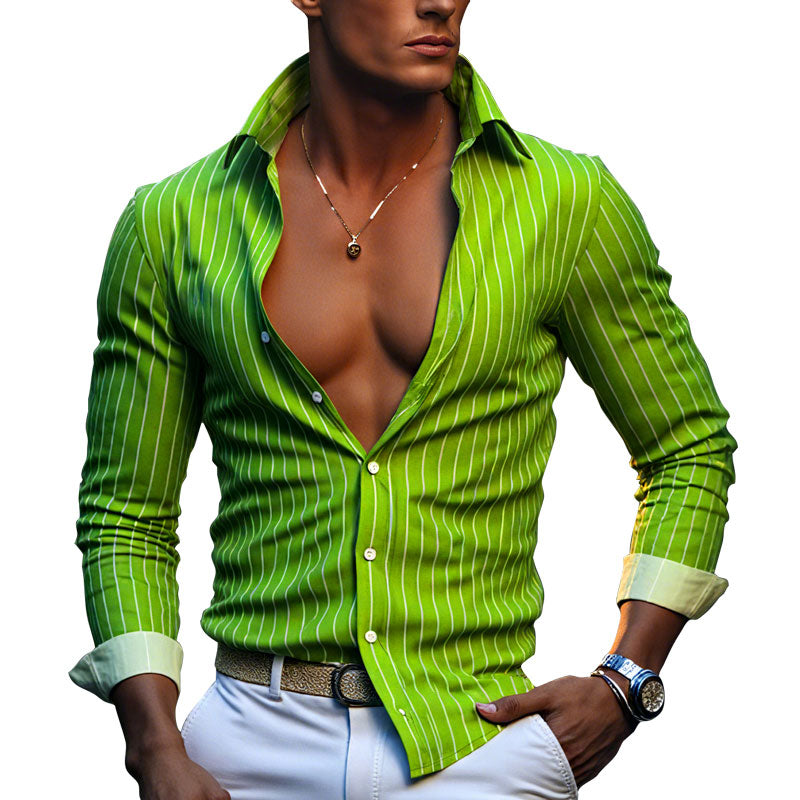 Men's Casual Striped Lapel Single Breasted Long Sleeve Shirt 9261788397752