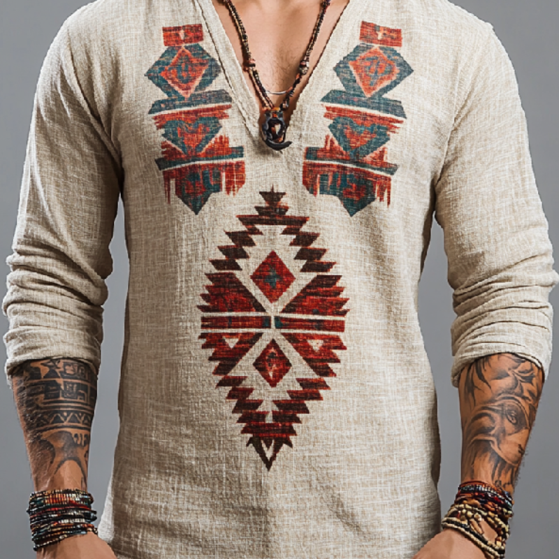 Men's Casual V-neck Cotton and Linen Printed Long Sleeve T-shirt 9902007910584