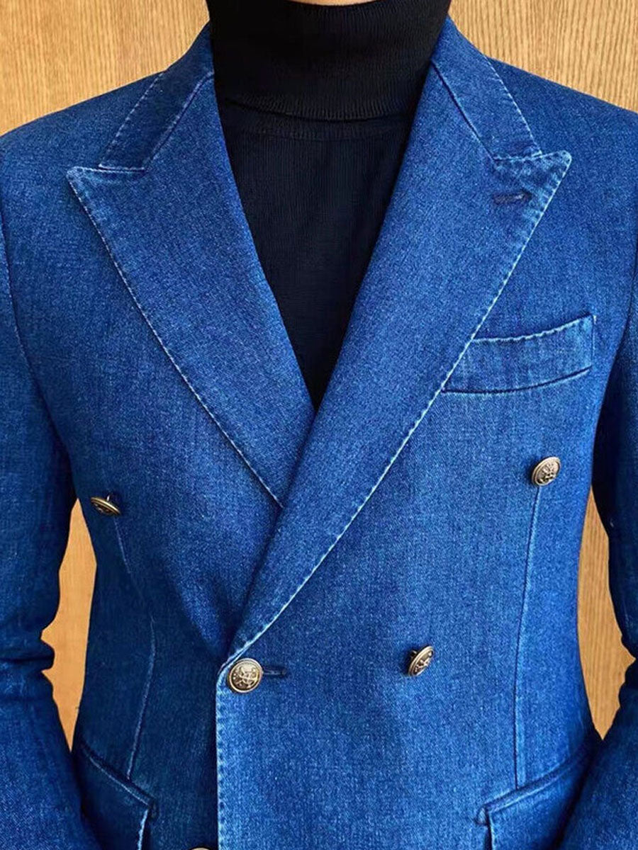 Men's Double-Breasted 3-Pocket Lapel Casual Denim Blazer 9888734675128