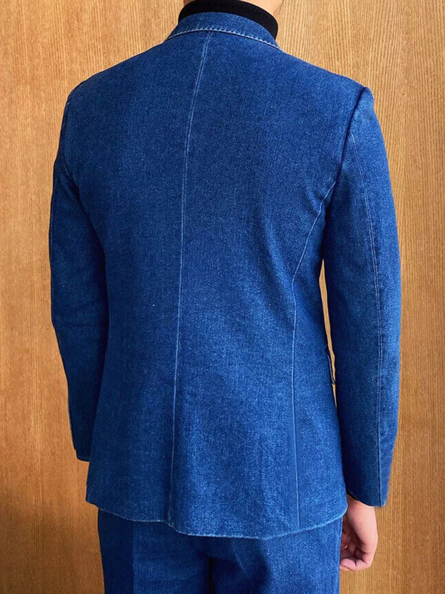 Men's Double-Breasted 3-Pocket Lapel Casual Denim Blazer 9888734675128
