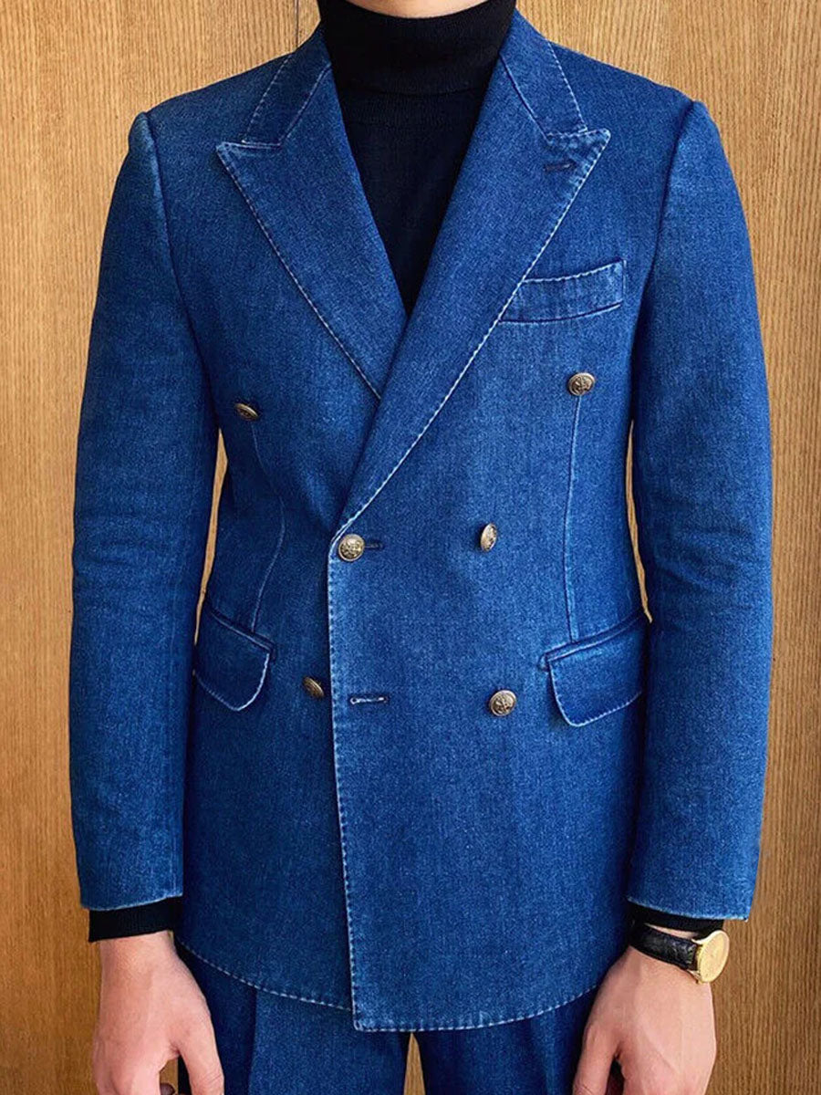 Men's Double-Breasted 3-Pocket Lapel Casual Denim Blazer 9888734675128