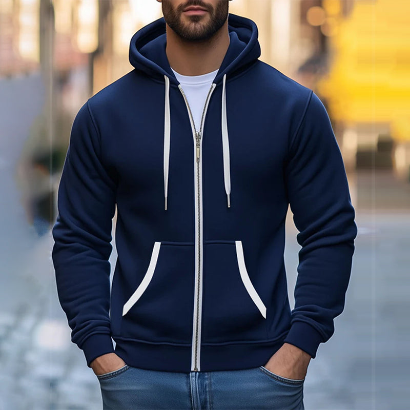 Men's Double Pocket Zip-Up Contrast Hoodie Jacket 9904640590008