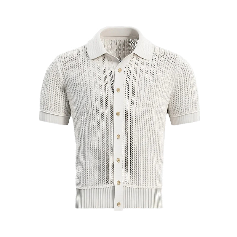 Men's Turndown Collar Button Short Sleeve Hollow Out Knitted Shirt 9913235505336