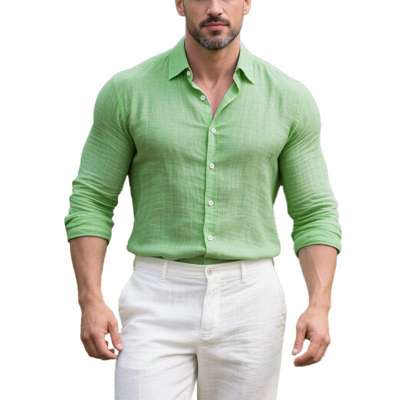 Men's Cotton and Linen Casual Solid Color Lapel Shirt 9261774962872