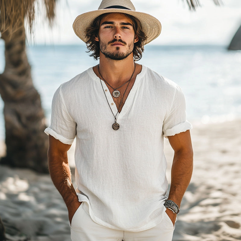 Men's Casual Simple V-neck Linen Short-sleeved T-shirt 9899738267832