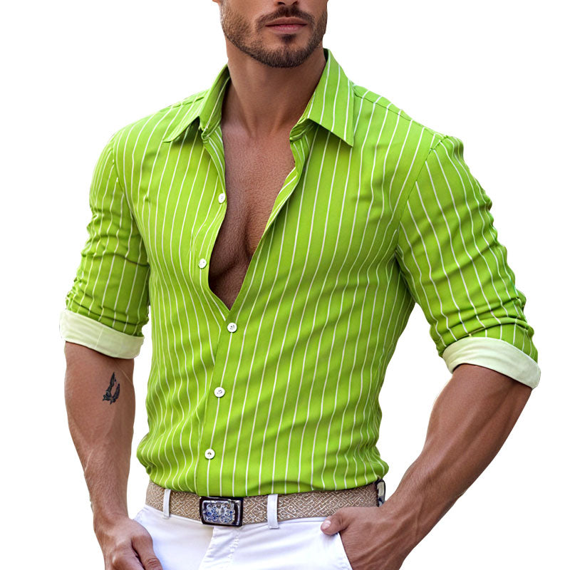 Men's Casual Striped Lapel Single Breasted Long Sleeve Shirt 9261788397752