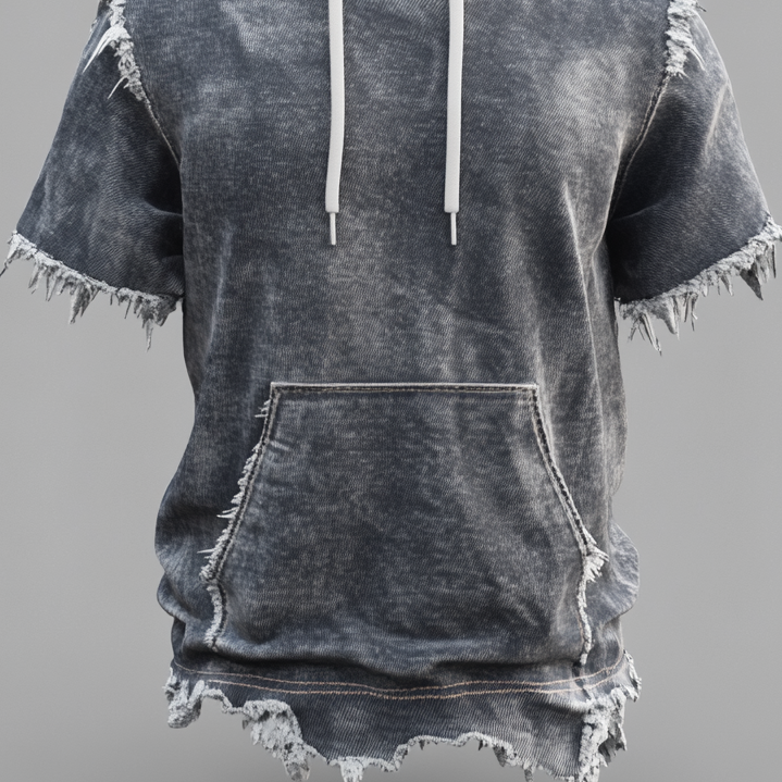 Men's Faded Denim Raw Edge Pocket Short Sleeve Drawstring Hoodie 9913235308728