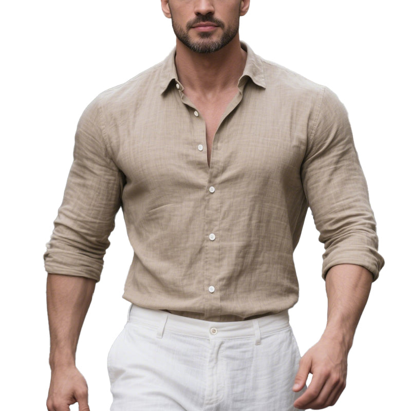 Men's Cotton and Linen Casual Solid Color Lapel Shirt 9261774962872