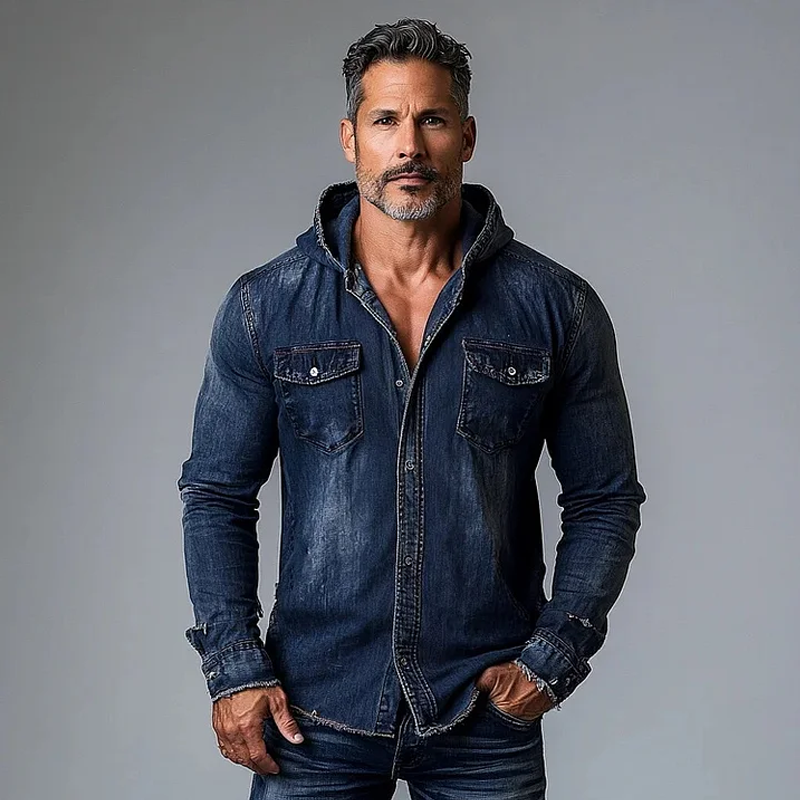 Men's Fashion Sanding Distressed Hooded Chest Pocket Denim Shirt 9901319618744