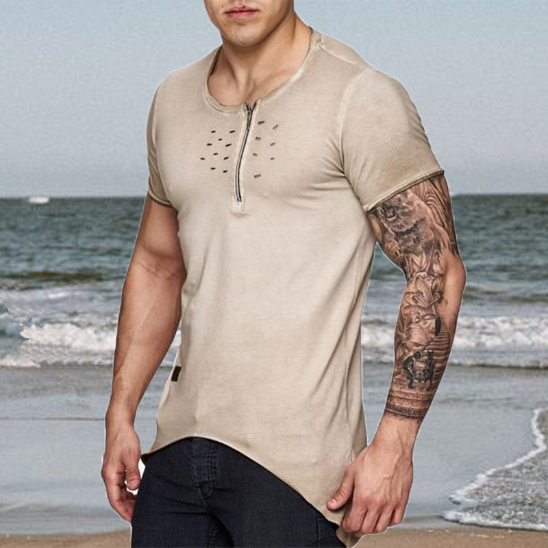 Men's Casual Round Neck Zipper Cotton Slim Short Sleeve T-Shirt 9893977424056