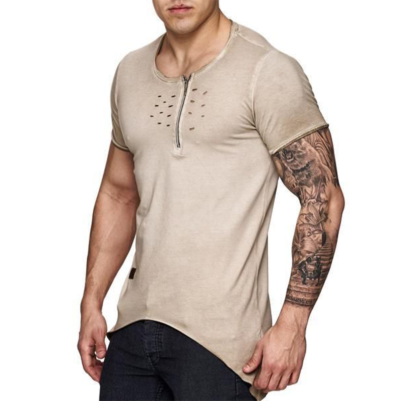 Men's Casual Round Neck Zipper Cotton Slim Short Sleeve T-Shirt 9893977424056