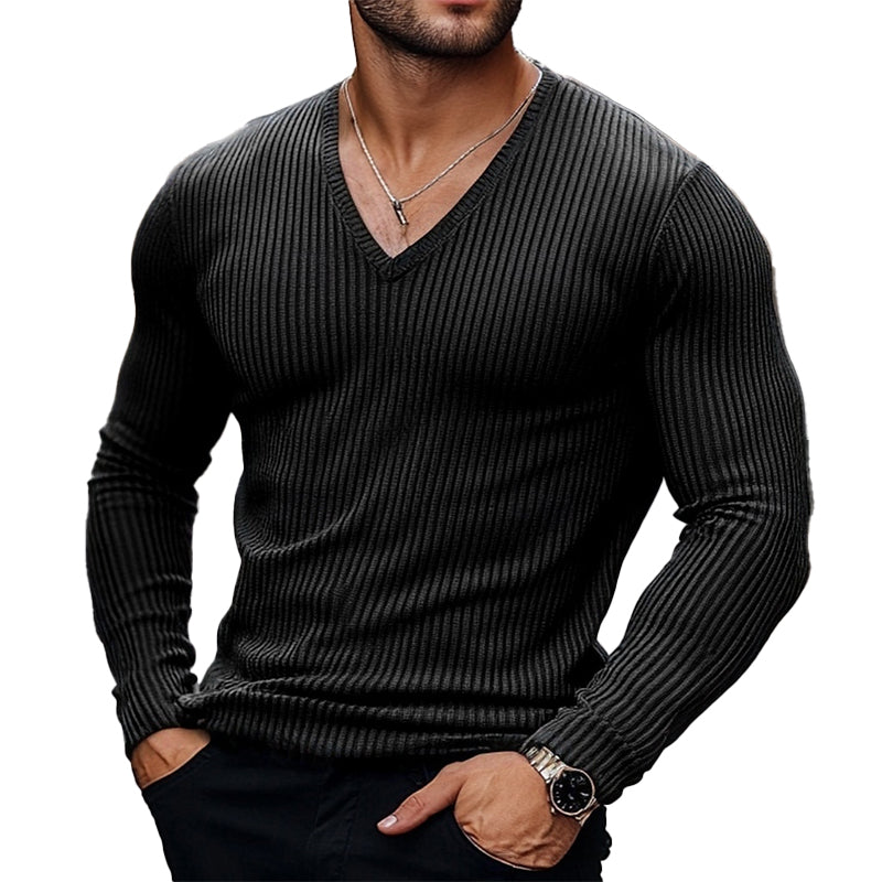 Men's Striped V-neck Knitted Long Sleeve T-shirt 9892050796728